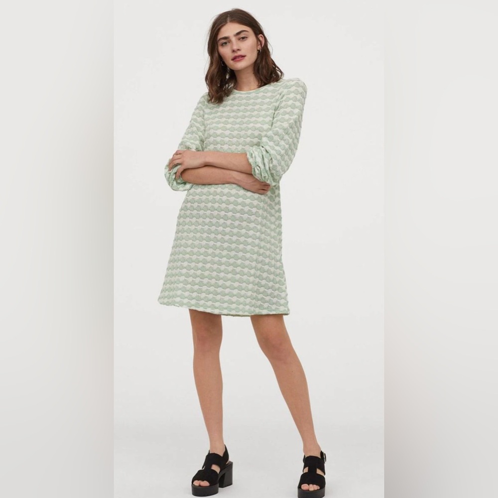 H&M Mint Green and White Knit Long Sleeve Mini Dress
